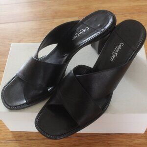Vintage 1990s Calvin Klein Black Thick Strappy Leather Heels Size 10
